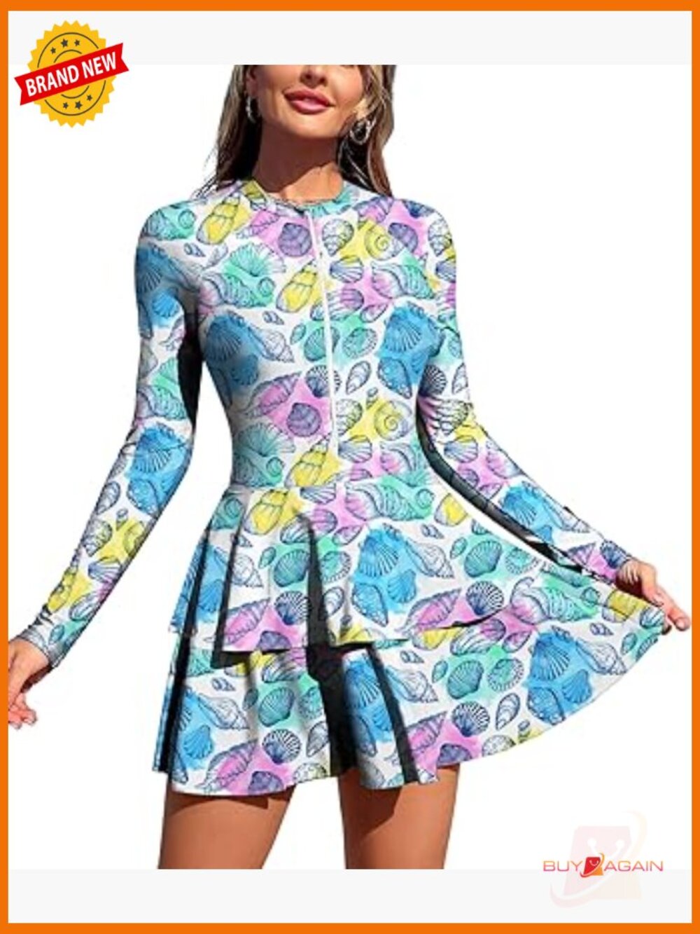 Women's One Piece Rash Guard Long Sleeve Modest Swim Dress Zip-Up Swimsuit
